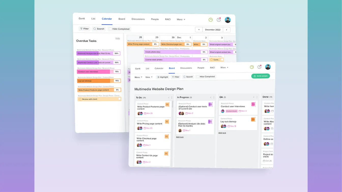 Two overlapping TeamGantt interface windows display different project workflows for a “Multimedia Website Design Plan.” The top window shows the Calendar view with color-coded task bars organized by date, featuring overdue tasks listed on the left and a timeline view of scheduled tasks across days at the top. Tasks are labeled by phase—such as Research or Content—with progress percentages displayed in purple and orange bars. The lower window shows the Board view, with columns labeled “To Do,” “In Progress,” “QA,” and “Done.” Tasks appear as cards with color-coded tags, due dates, assignee avatars, and percentage progress indicators.
